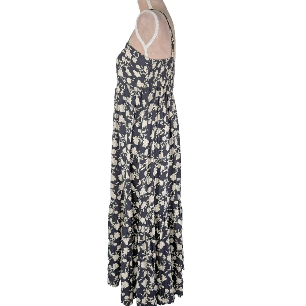 Neuflora Floral Smocked Tiered Ruffle Black Maxi Sz L Prairie Boho Modest Dress - Picture 2 of 13